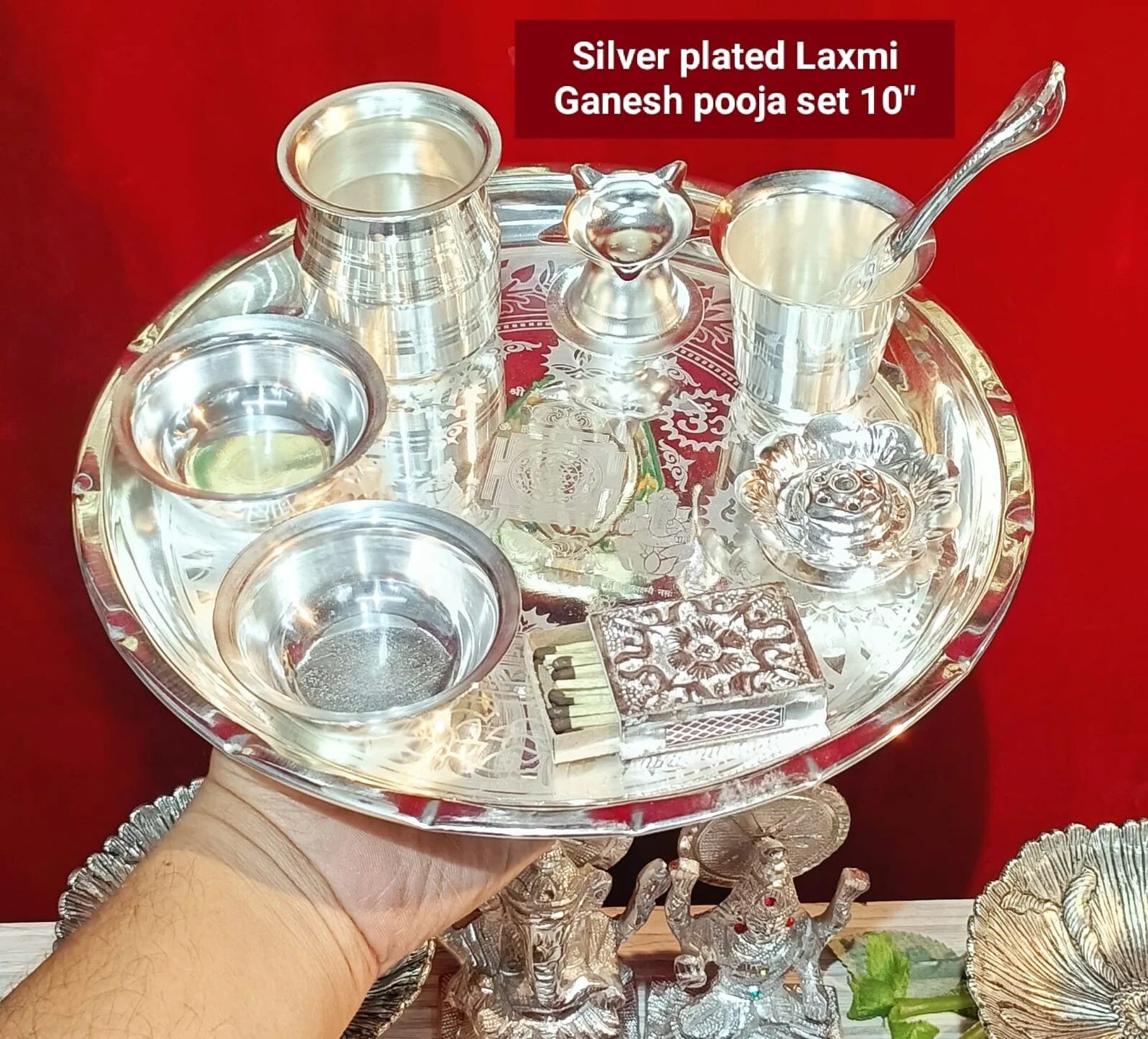 German Silver Laxmi Ganesh Engraved Pooja Set - Set of 8 Pieces